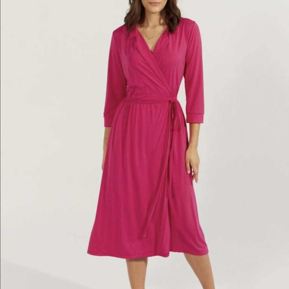 Chic Fuchsia Long Sleeve midi Wrap Dress